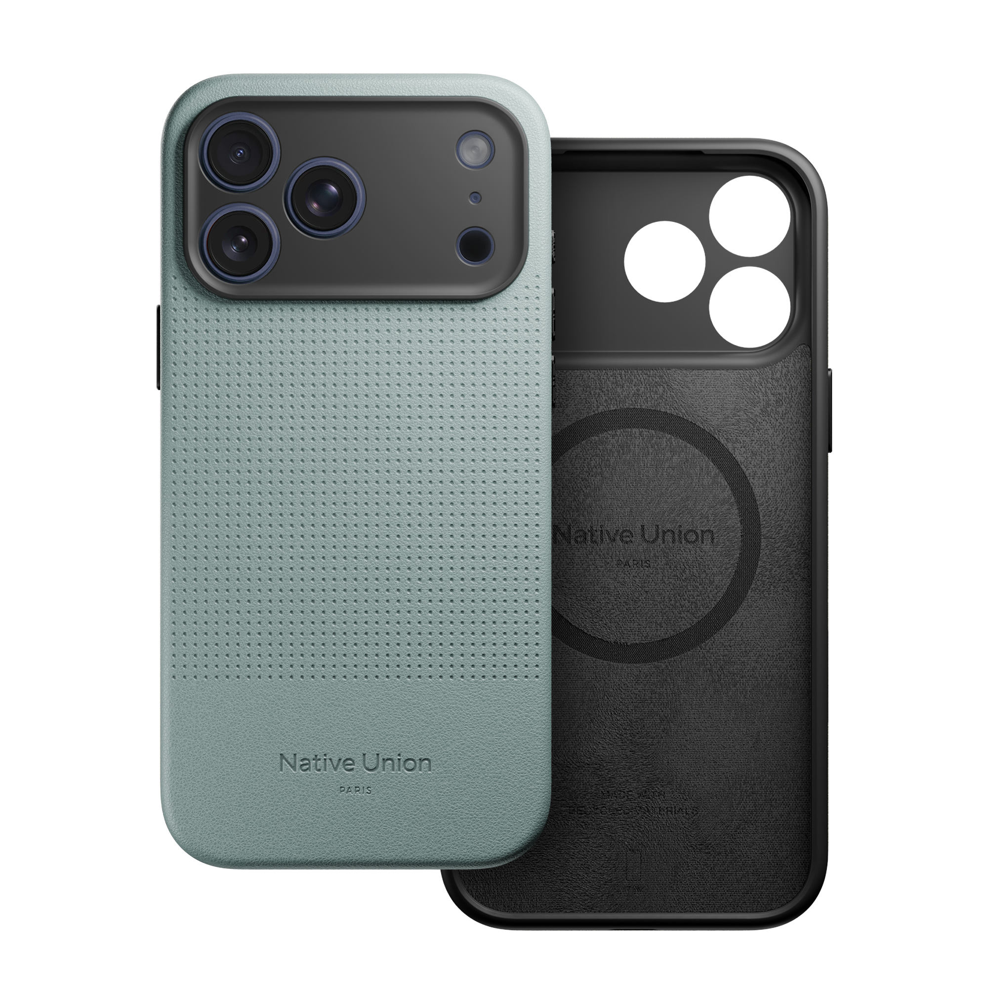 Native Union Active Serisi iPhone 17 Pro yeşil deri dokulu MagSafe uyumlu kılıf ön görünüm