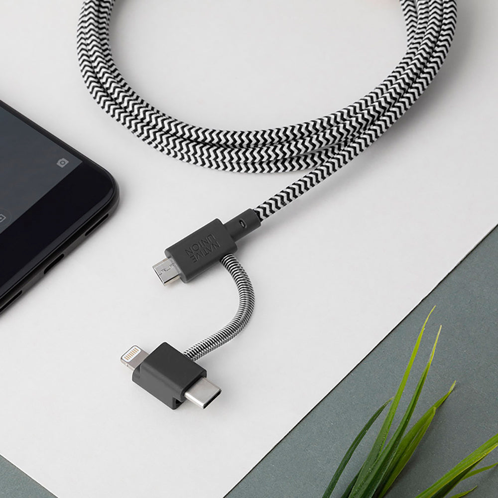 Native Union Belt Serisi 3in1 USB-A to Type-C - Lightning - Micro Şarj Kablosu 2M Siyah-Beyaz