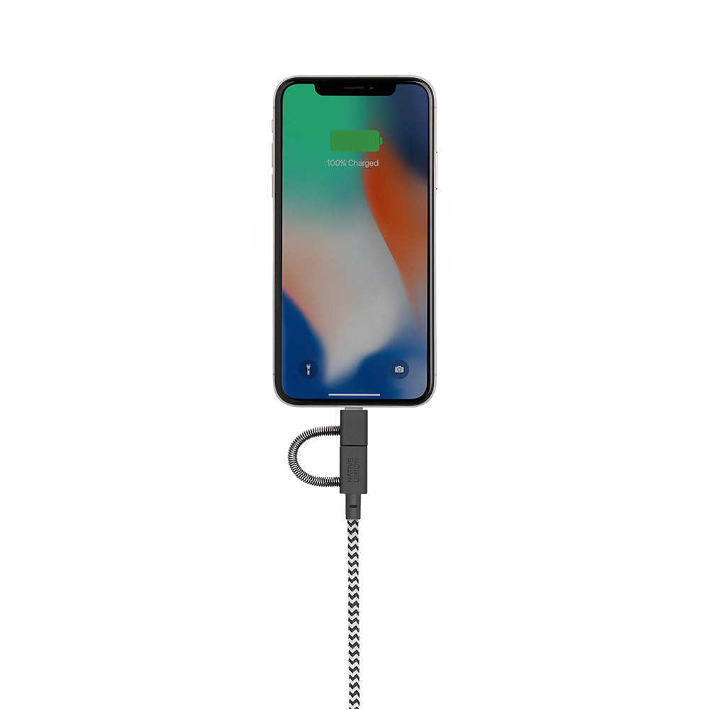 Native Union Belt Serisi 3in1 USB-A to Type-C - Lightning - Micro Şarj Kablosu 2M Siyah-Beyaz