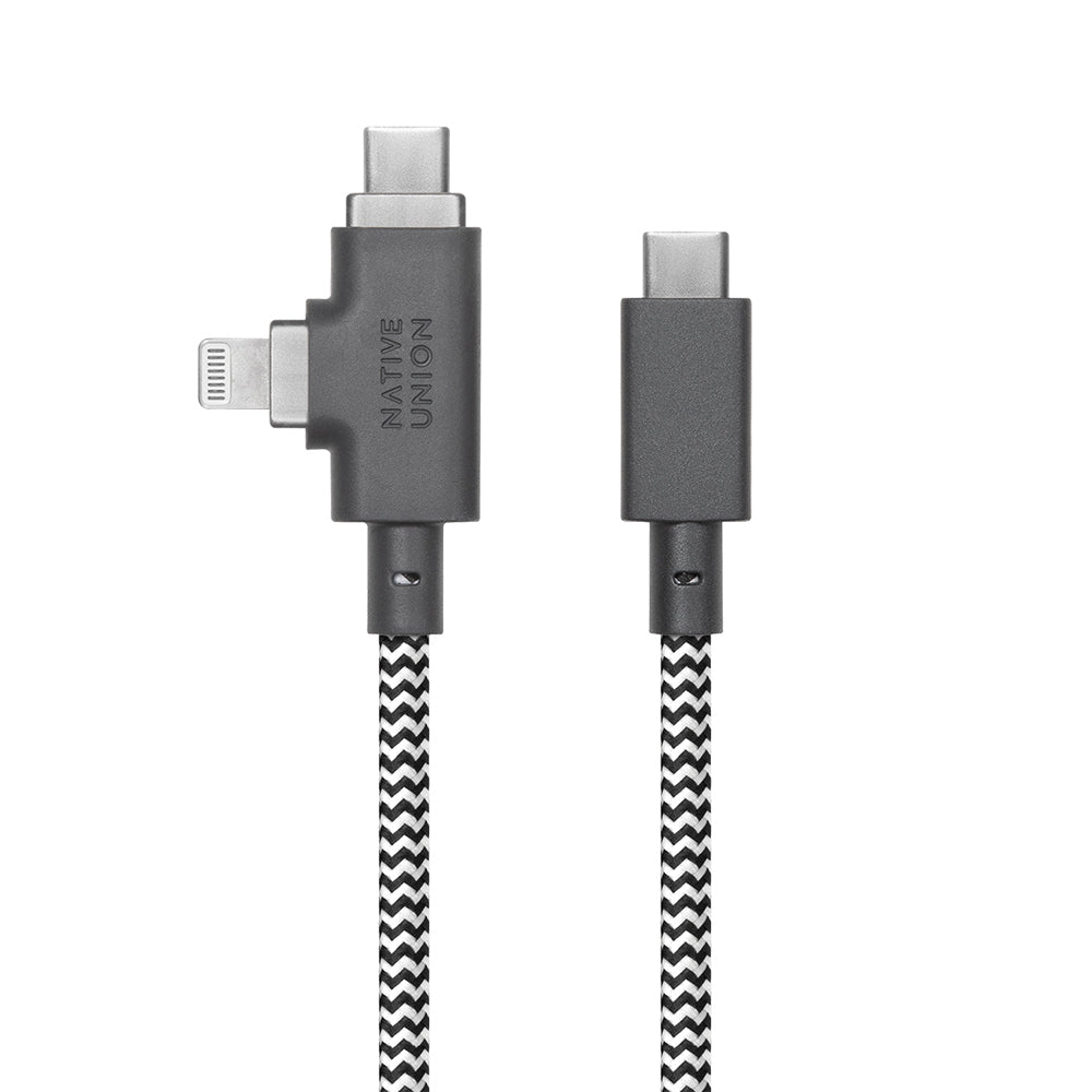 Native Union Belt Serisi Duo Pro Type-C to Type-C - Lightning Şarj Kablosu 240W 2.4M Siyah-Beyaz