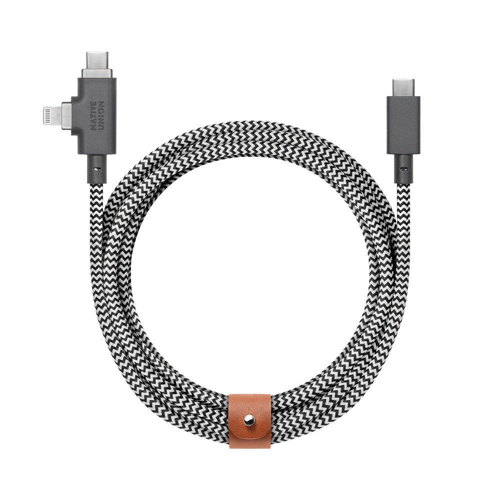Native Union Belt Serisi Duo Pro Type-C to Type-C - Lightning Şarj Kablosu 240W 2.4M Siyah-Beyaz